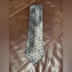 Mens Olive Green Light Blue Geometric Patterned Tie Formal Business Office Wear